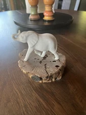 John Perry Artist Parading White Elephant Statue On Wooden Resin Base 4.5" Tall