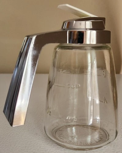 Vintage Federal Housewares Glass Syrup Honey Pitcher Container Chrome Finish Lid