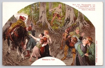 William Tell Gessler's Death Küssnacht Switzerland Bachmann Mural Postcard 1945
