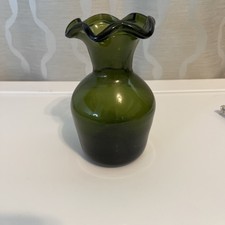 Vintage Glass Green Hand Blown Ruffled Vase