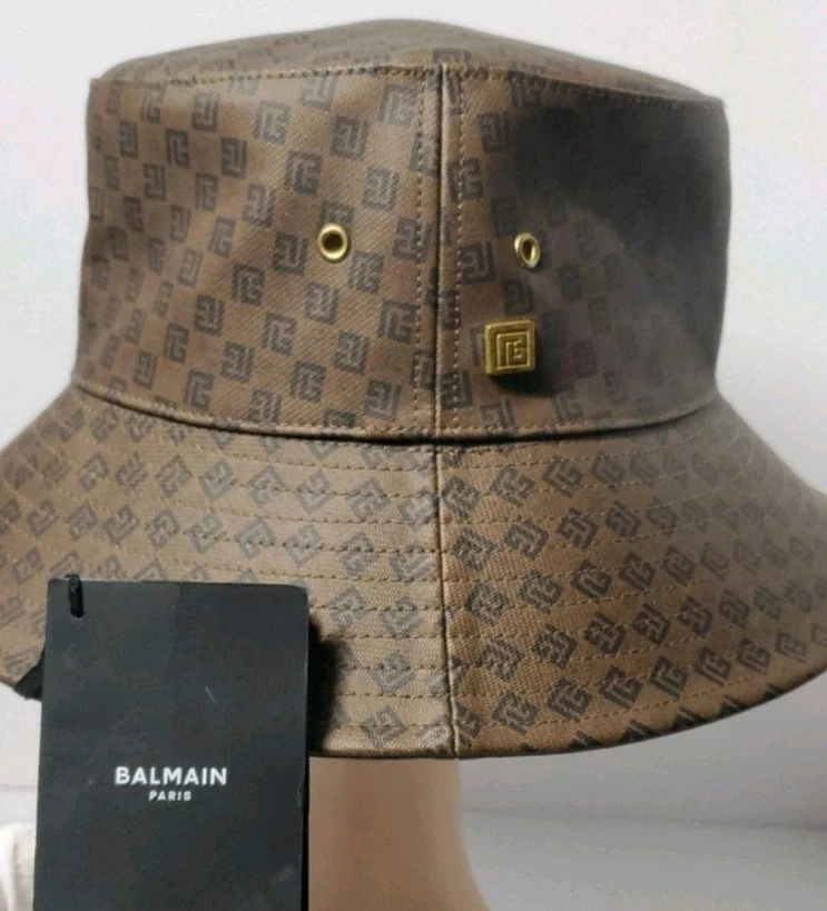 Authentic Balmain Men's Brown Black Adjustable Logo Print Bucket Hat L Designer