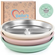 Bella  s Friends Stainless Steel Baby Plates with Suction 3 Pack, 8  Divided P...