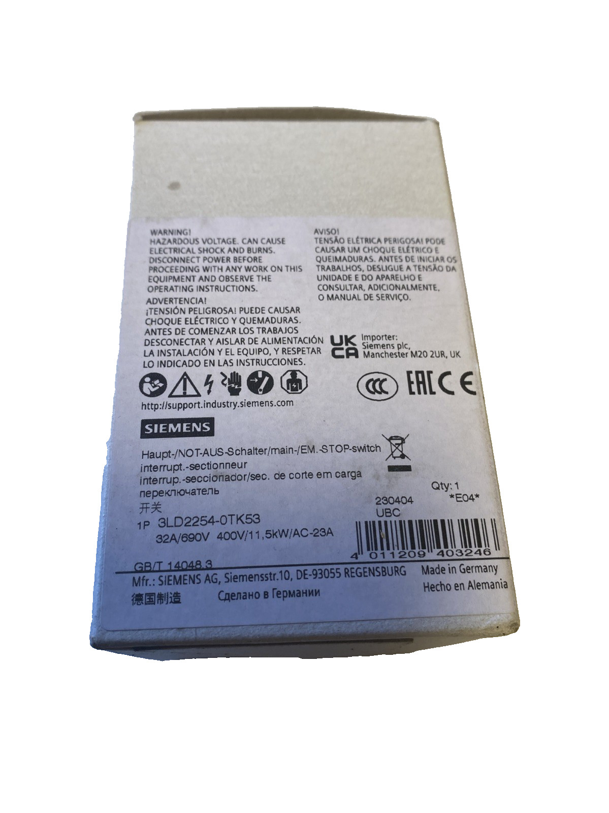 Siemens SENTRON 3LD2254-0TK53 Load Disconnector 32A 3-Pole Main/Emergency Switch