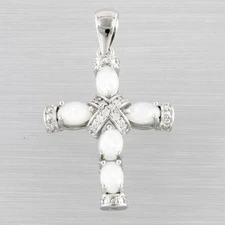 Latin Cross White Fire Opal Cabochon CZ Silver Jewelry Necklace Pendant