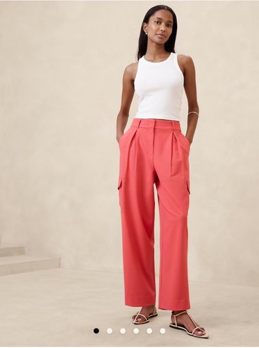 Neu mit Etikett Banana Damen HIGH-RISE GERADE TWILL CARGOHOSE Größe 16 korallenblüten