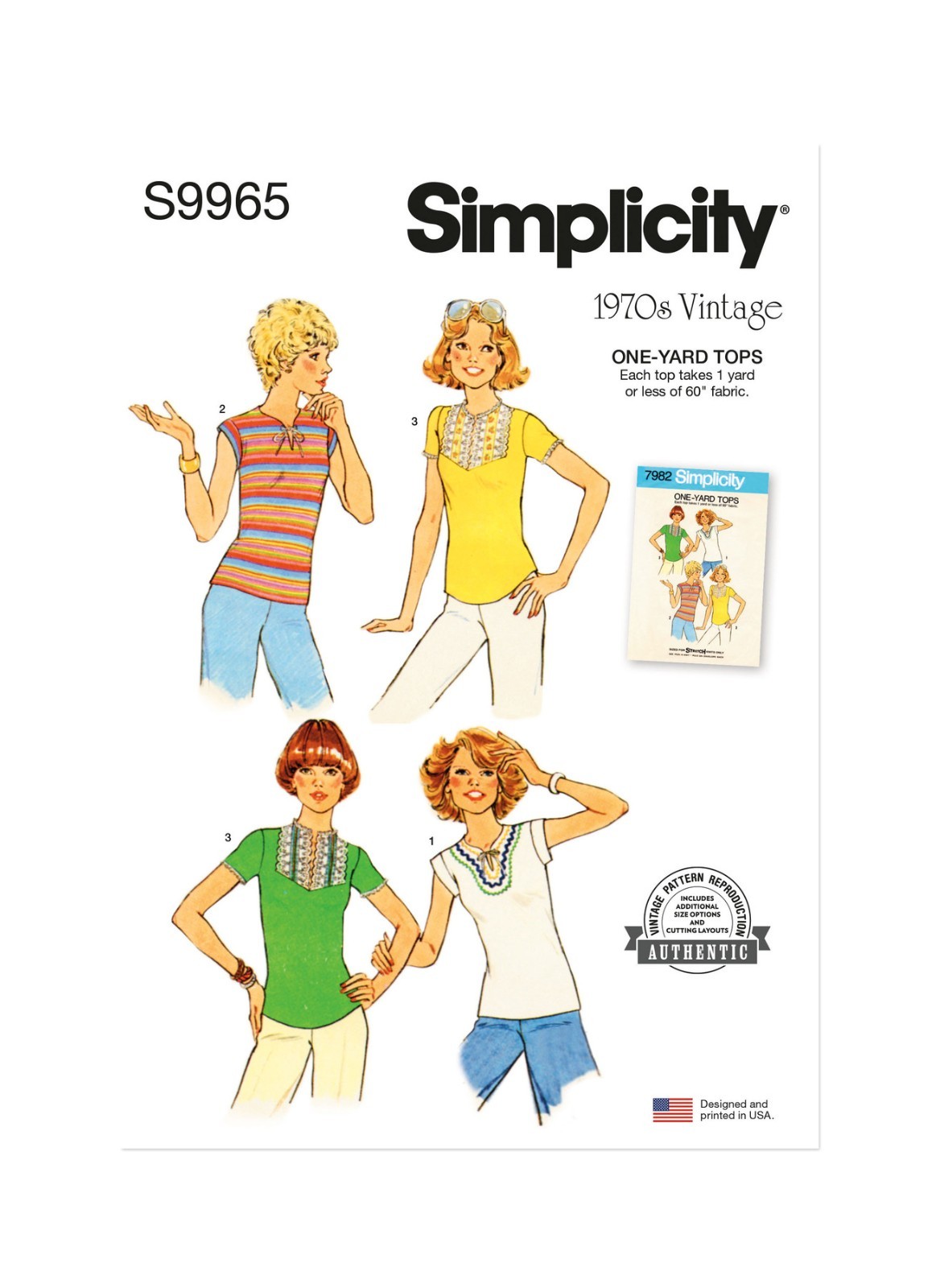 SIMPLICITY 9965 1970'S TOPS Misses Sewing pattern Sizes 6 - 16  ONE YARD TOPS