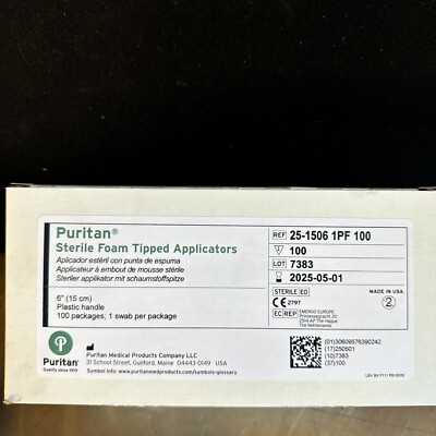 PURITAN Sterile Foam Tipped Applicator 25-1506 6'' Plastic Handle, 1 Box of 100 