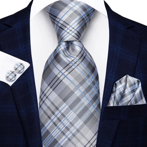 Hi-Tie Designer Grey Plaid Silk Tie Set - Men's Necktie, Handkerchief, Cufflinks - Picture 20 of 38