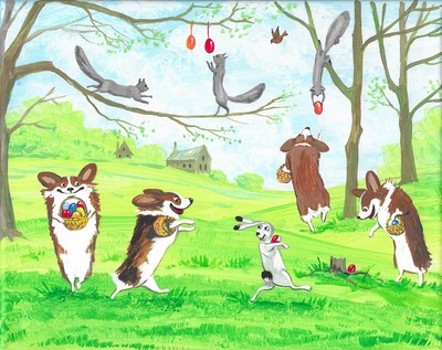 5x7 PRINT OF PAINTING EASTER CORGI RYTA EGGS BUNNY RABBIT ART WHIMSICAL SPRING