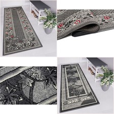 Moderner Teppich Läufer Kurzflor Grau Blumenmuster Flur Wohnzimmer Schlafzimmer