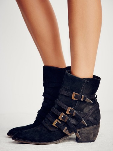 FREE PEOPLE SHOES MASON WESTERN BOOT BLACK SUEDE BUCKLE BOOTIES NEW 37 $298 - Picture 2 of 5