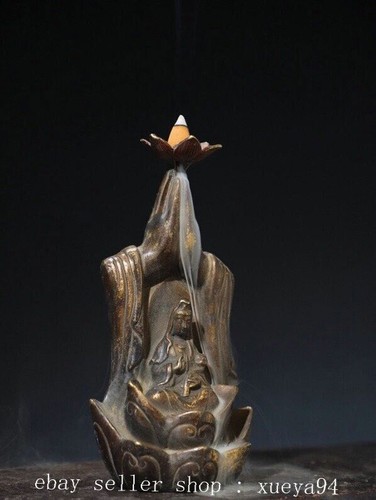 7.8'' China Ancient Bronze Kwan-yin Guanyin Backflow Incense Burner Censer - Picture 8 of 9