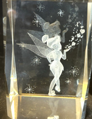 3D Laser - Etched Tinker Bell Crystal Paperweight Blowing Pixie Dust 3 '' Tall