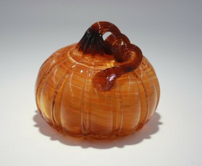 Art Glass Hand Blown Orange Swirl Pumpkin w/ Curled Stem Halloween Fall Autumn