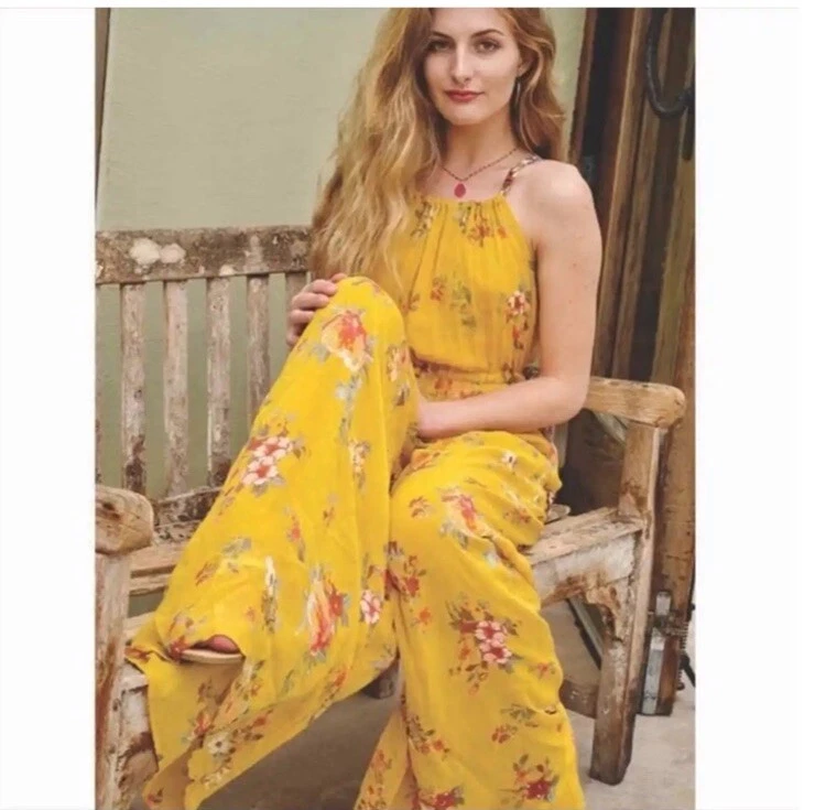 Mono Free People Georgia Floral Chifón Sin Mangas Pierna Ancha Dorado Combo Talla S Foto 4 de 4