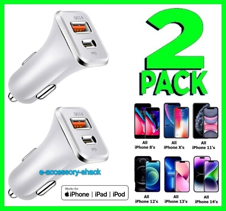 2 PACK Car Charger PD USB-C 12V Adapter Plug For iPhone 15 14 13 12 11 X Pro Max - Image 2 of 2