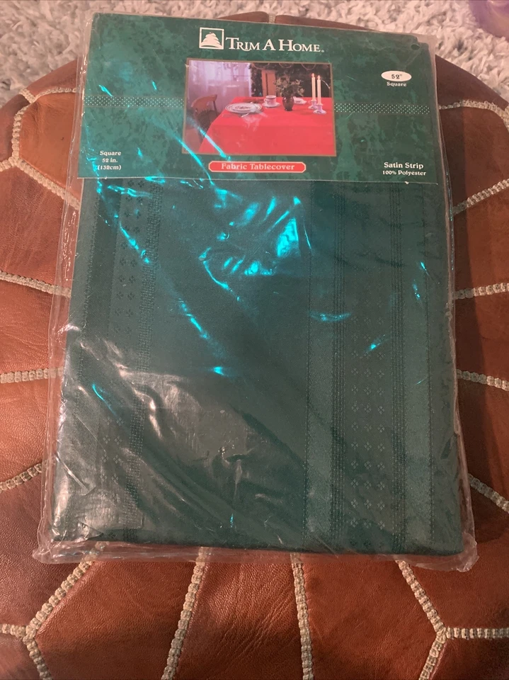 Trim A Home Satin Stripe Polyester Fabric Tablecloth 52x52” Square Green - Image 3 of 4