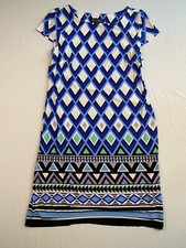 Jessica Howard Women's Shift Dress Cap Sleeve Midi Blue White Geo Print Size M