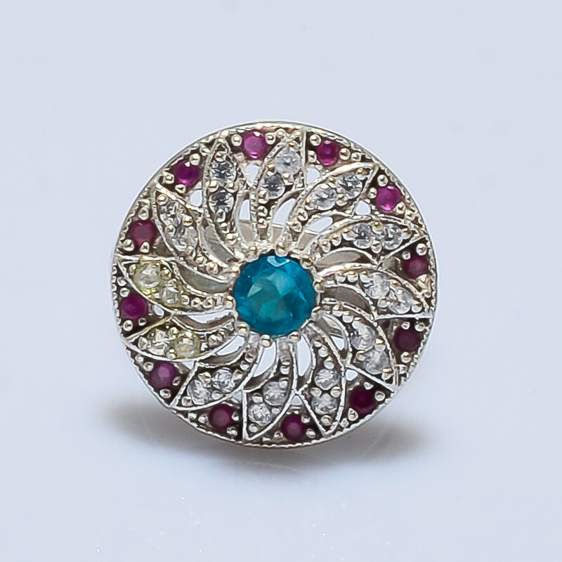 Bague Turque En Argent 925/1000 Avec Topaze Bleue, Rubellite & Topaze Blanche - Taille 7"