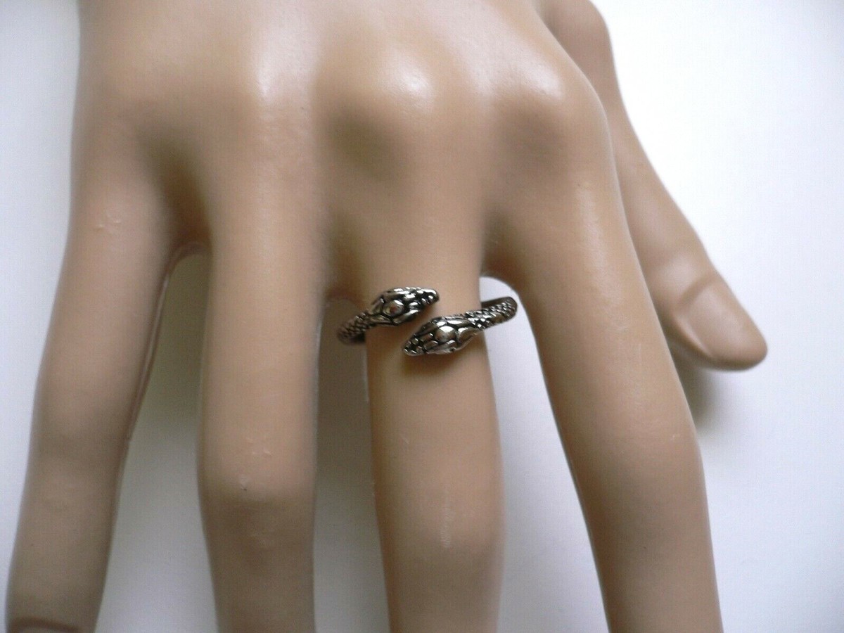 SILVER SNAKE NARROW RING ‹EXCLUSIVE > Women's 2 HEAD SNAKE Narrow Wrap Ring Open Band Antique Silver