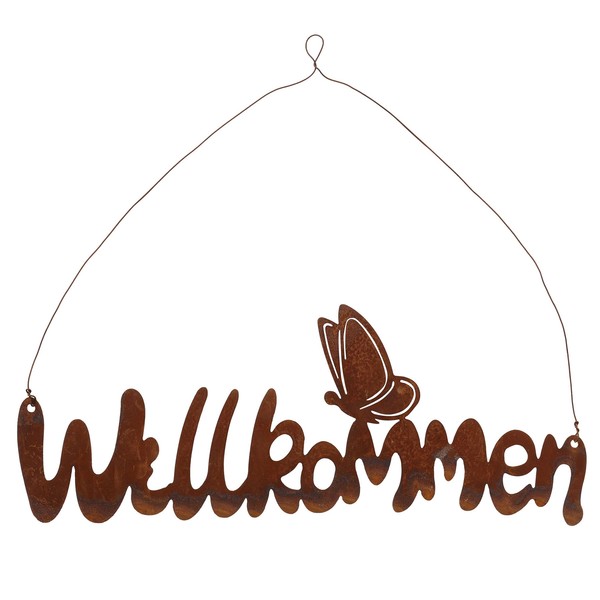 Schild Willkommen 38X14Cm Gartendeko TüRschild Edelrost Schriftzug Schmetterling-image