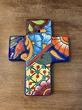Azulejo cerámico pintado a mano cruz pared talavera mexicana multicolor México