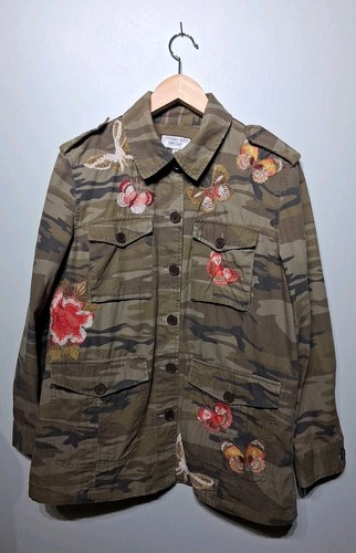 Johnny Was Workshop Green Camo Cotton Embroidered Military Jacket Size S
