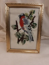 Cross Stitch Vintage Bird And Leaves Scene Framed 5 x 7 Ready To Hang Artwork