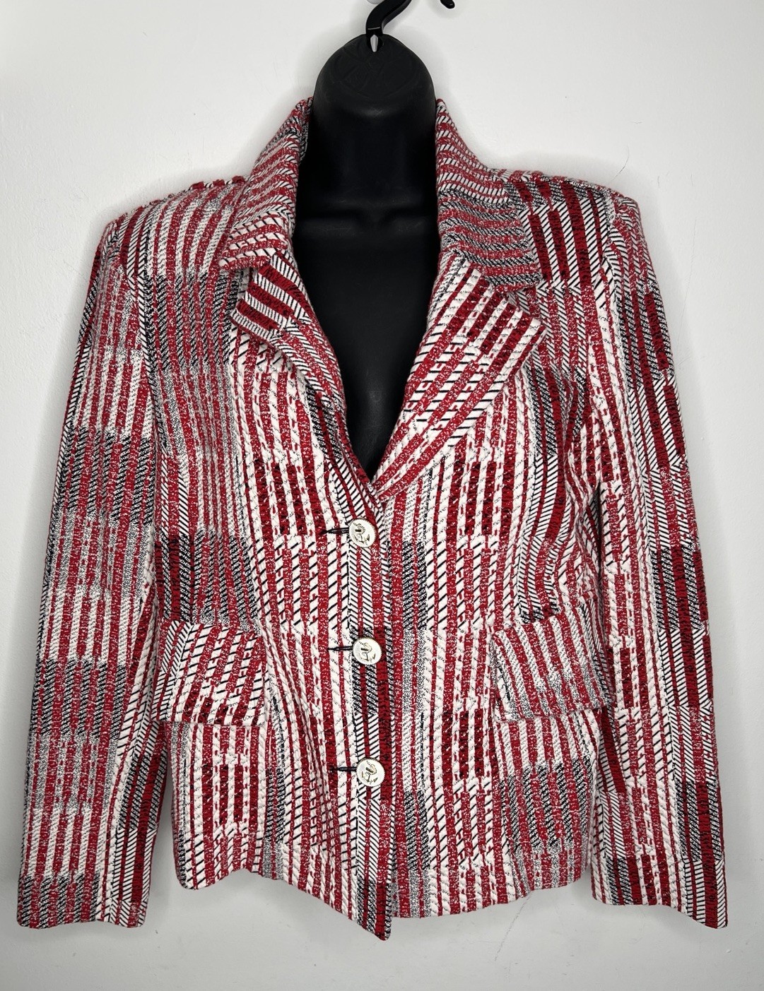 Cabi Patchwork Button-Up Blazer Jacket Red White … - image 1