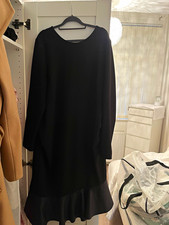 Black Maternity Shift Dress V-back Long Sleeve Ruffle Hem faux leather ruffle