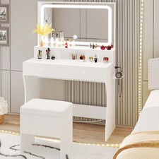 Vanity Desk with LED Lighted Mirror  Power Outlet  4 Drawers, Makeup Table ...