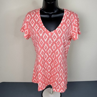 L.L. Bean T-Shirt Womens Medium Coral Diamond Ikat V-Neck Cotton Tee Boho