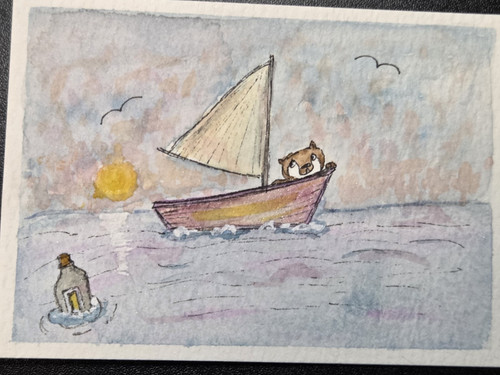 ACEO Original Raccoon Bear Sailboat Watercolor Miniature Painting 2.5 x 3.5