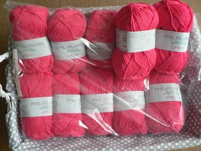 PHILDAR LOT 10 PELOTES PHIL IRLANDAIS 51 % LAINE ROSE FUSCHIA NEUVE MEME BAIN - Photo 1/4