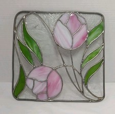 Art Nouveau Tulip Stained Glass Suncatcher Panel Handmade Textured Glass Floral