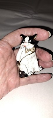 Sweet Cat Trinket Box Licking Paws Jewelry Ring Holder Black White NWOT