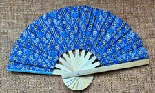Fan Thai Folding Royal Blue Geometric Hand Bamboo Thailand Decor  8
