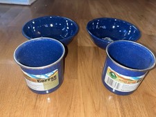 Blue Speckled Enamel ware 2 Bowls 2 Coffee Cup Mugs 12Oz New Outdoor Camping