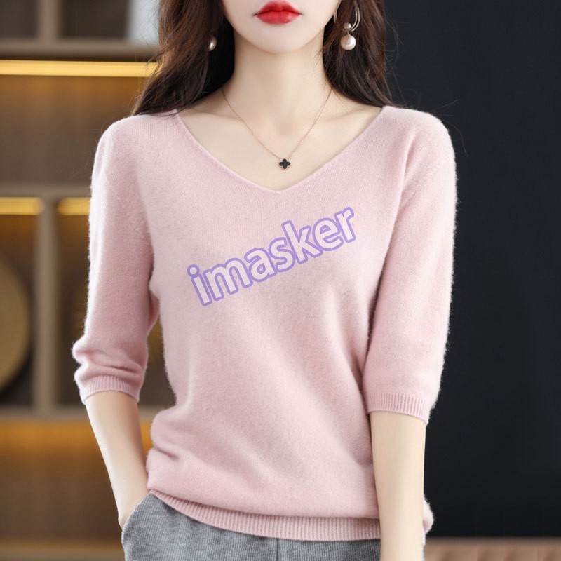Wool Blend Knitted Sweater Women's V-neck Pullover Mid Sleeve Casual Jumper Tops