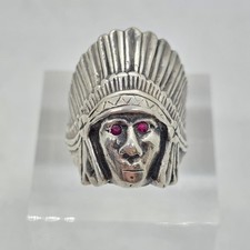 Sterling Silver Ruby Eyes Native American Indian Chief Head Large Ring Size 11.5