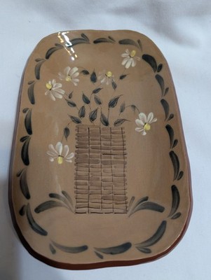 Eldreth pottery rectangular redware dish, flowers, 2010, please read