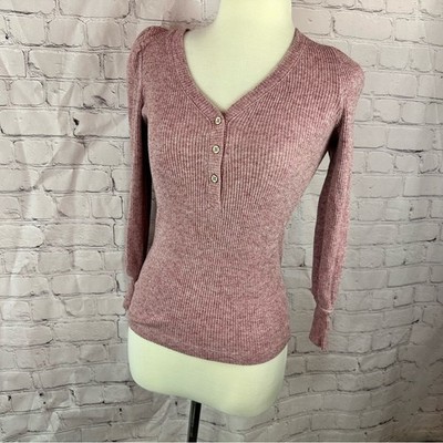 LOFT Dusty Pink Ribbed Knit Top women petite XXS henley casual winter minimalist