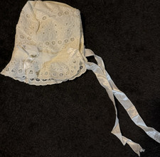 Vintage White Lace Eyelet Baby Bonnet w/ Ribbon Ties  Bow Christening One Size