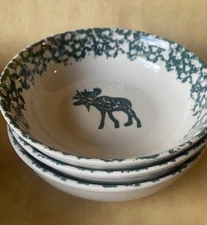 Tienshan Folk Craft Moose Country Green 3 Soup / Cereal Bowls 6.5” X  2” high