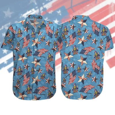 Uncle Sam American Flag Button Hawaiian Shirt, 4th Of July Patriotic Shirt  USA 