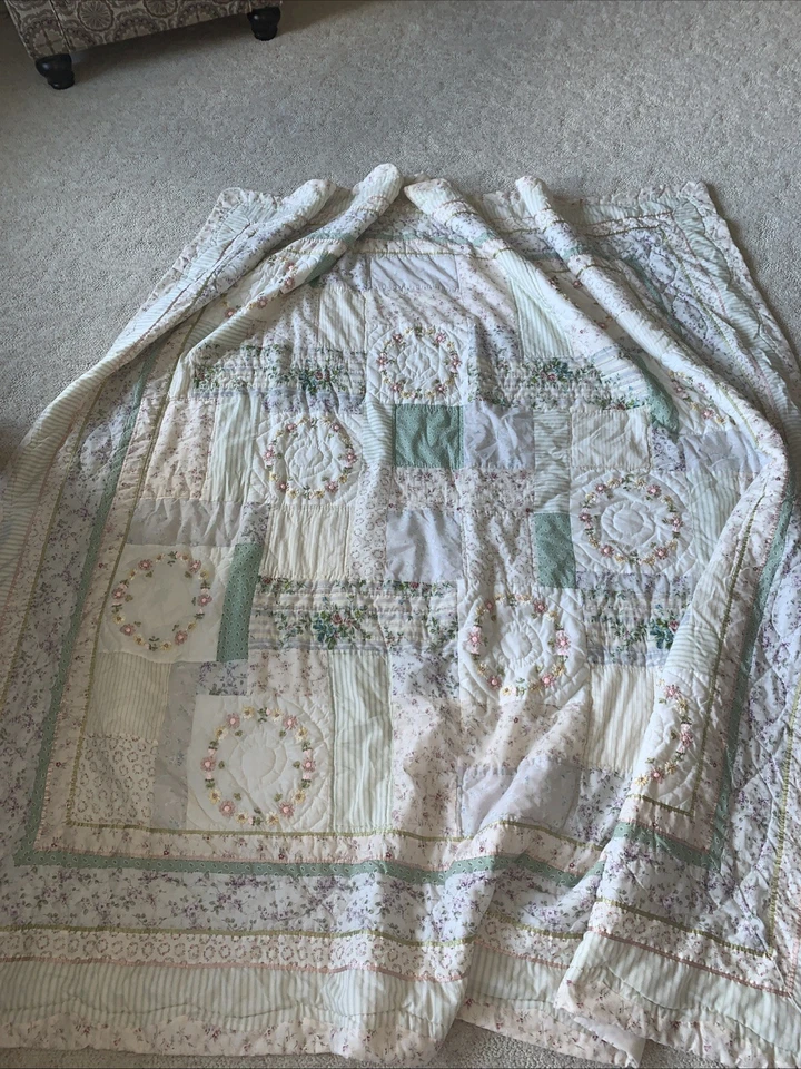 West Elm Bedspread Cottage Core Shabby Quilt Embroidery Pastel 84 x 84" Full Bed - Image 2 of 4