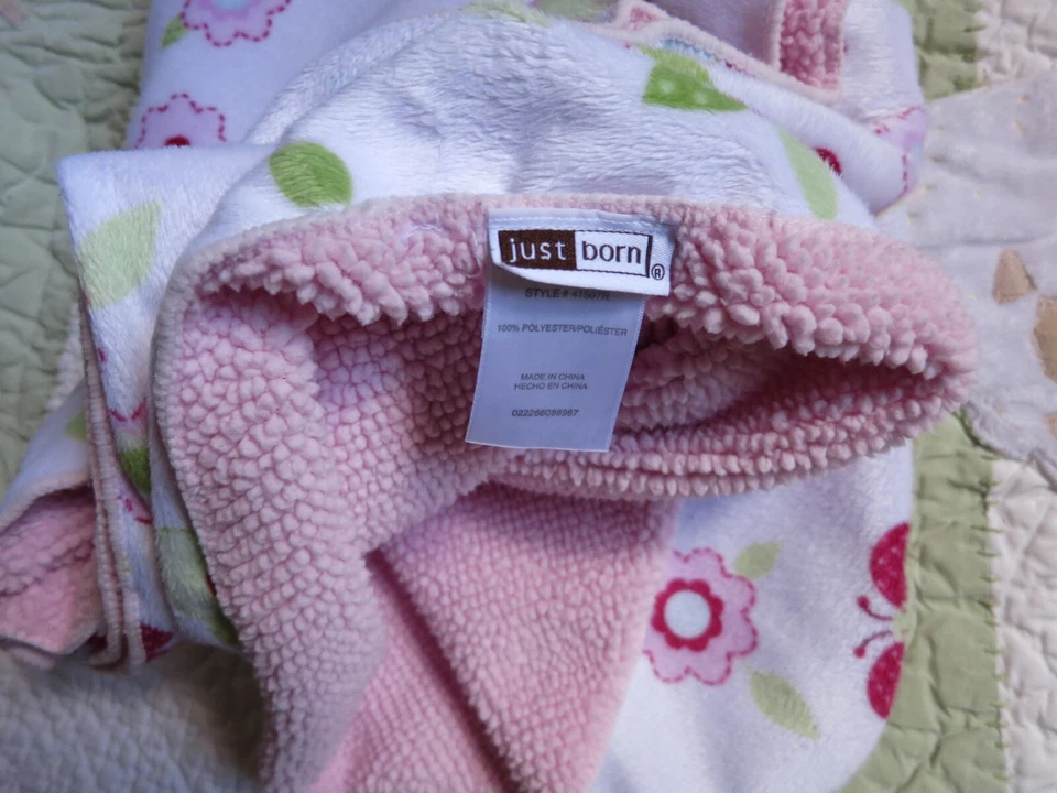 Just Born White w Hot Pink Green Butterfly Flowers w Sherpa Baby Girl Blanket EU - Image 2 of 3