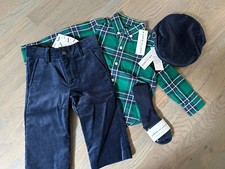 NWT Janie and Jack boy WINTER HOLIDAY 4-piece green velvet plaid shirt SET 12 18