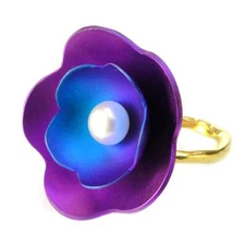 Giampouras 5034 ~ Anodized Colored Titanium with Pearl, Flower Cocktail Ring