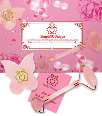 3 in 1 Rose Quartz Crystal Facial Jade Roller Rare Gua Sha Travel Gift Tool Set